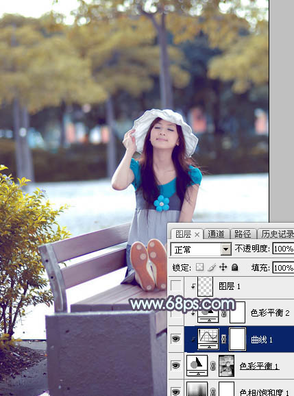 Photoshop将公园长凳上的美女图片调成秋季蓝黄色_亿码酷站___亿码酷站平面设计教程插图13