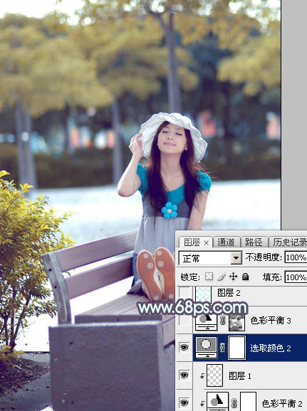 Photoshop将公园长凳上的美女图片调成秋季蓝黄色_亿码酷站___亿码酷站平面设计教程插图19