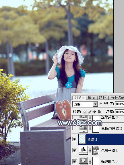 Photoshop将公园长凳上的美女图片调成秋季蓝黄色_亿码酷站___亿码酷站平面设计教程插图22