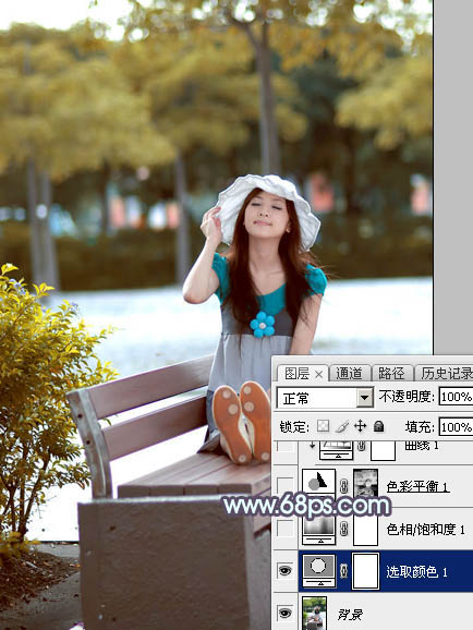 Photoshop将公园长凳上的美女图片调成秋季蓝黄色_亿码酷站___亿码酷站平面设计教程插图6