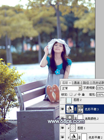 Photoshop将公园长凳上的美女图片调成秋季蓝黄色_亿码酷站___亿码酷站平面设计教程插图21