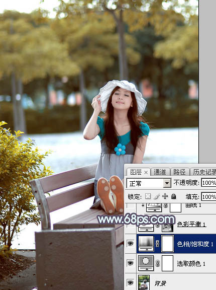 Photoshop将公园长凳上的美女图片调成秋季蓝黄色_亿码酷站___亿码酷站平面设计教程插图8