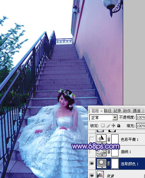 Photoshop调出楼梯婚片艳丽的蓝紫色_亿码酷站___亿码酷站平面设计教程插图5