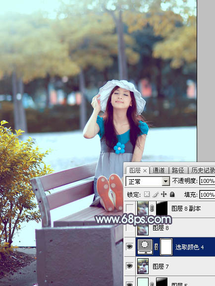 Photoshop将公园长凳上的美女图片调成秋季蓝黄色_亿码酷站___亿码酷站平面设计教程插图39