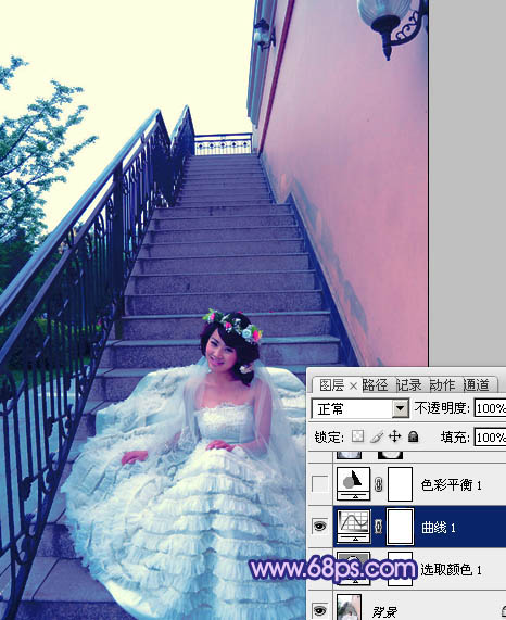 Photoshop调出楼梯婚片艳丽的蓝紫色_亿码酷站___亿码酷站平面设计教程插图8