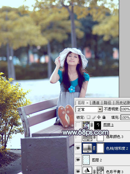 Photoshop将公园长凳上的美女图片调成秋季蓝黄色_亿码酷站___亿码酷站平面设计教程插图24