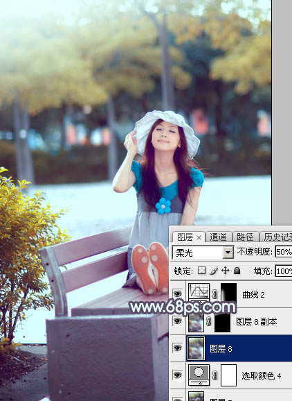 Photoshop将公园长凳上的美女图片调成秋季蓝黄色_亿码酷站___亿码酷站平面设计教程插图40