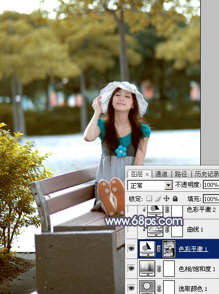 Photoshop将公园长凳上的美女图片调成秋季蓝黄色_亿码酷站___亿码酷站平面设计教程插图11