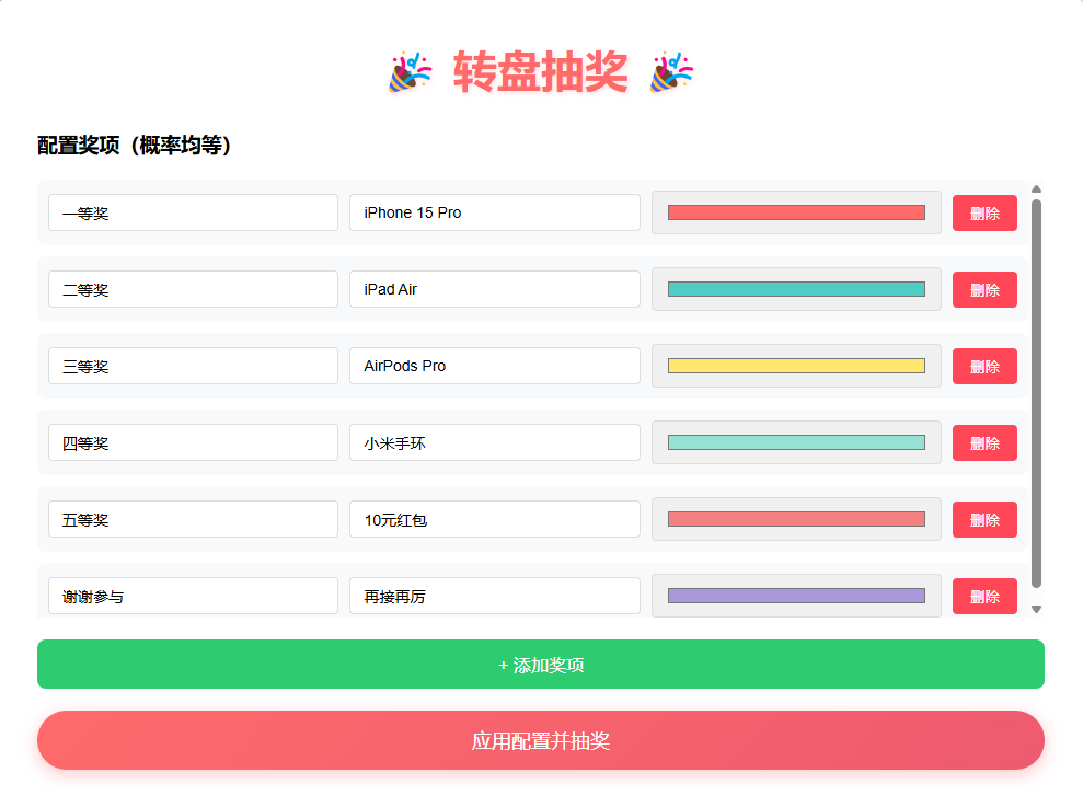 一款简单的HTML+JS转盘抽奖程序/ 支持用户自定义奖项配置插图1
