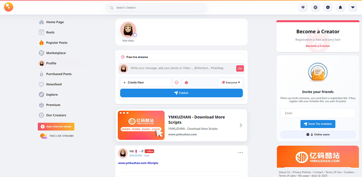 Dizzy社交平台源码开心版下载：内容创作者变现系统，支持订阅、付费内容与直播功能插图3
